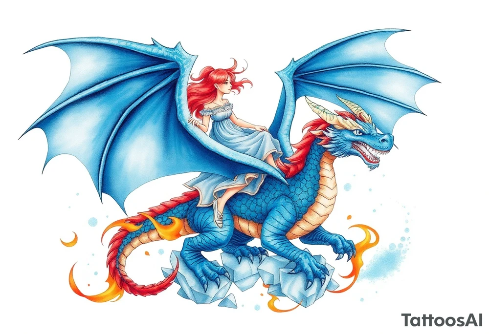 Redheaded girl riding a blue fire breathing dragon with wings spread and flying over ice tattoo idea