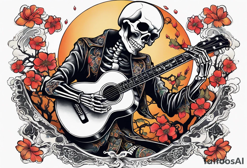 Skeleton playing guitar tattoo idea