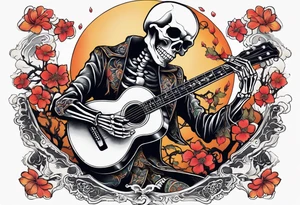 Skeleton playing guitar tattoo idea