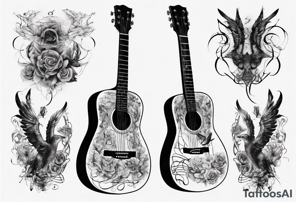 Acoustic Guitar neck with strings made of signatures emerging from skin tattoo idea