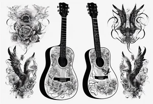 Acoustic Guitar neck with strings made of signatures emerging from skin tattoo idea