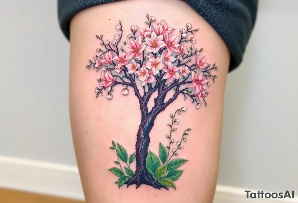 Flowering hawthorne tree with white lilly of the vally bell plants planted by  tree with other lilly plants tattoo idea
