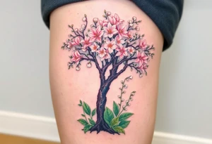 Flowering hawthorne tree with white lilly of the vally bell plants planted by  tree with other lilly plants tattoo idea