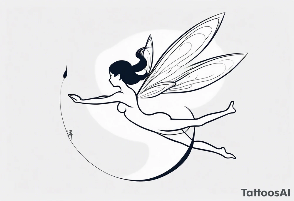 Minimalistic, monochromatic fairy with a tail flying to the left in a fetal position, leaning and looking in the same direction, with visible hands, embodying the 'Fairy Tail' logo aesthetic. tattoo idea