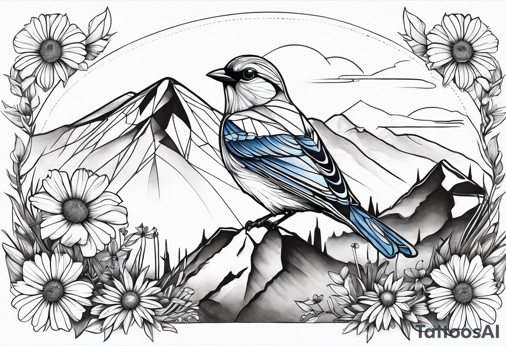 Geometric Black and white blue bird outline sitting in grass and daisys with mountains in the background tattoo idea