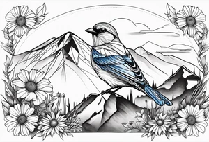 Geometric Black and white blue bird outline sitting in grass and daisys with mountains in the background tattoo idea