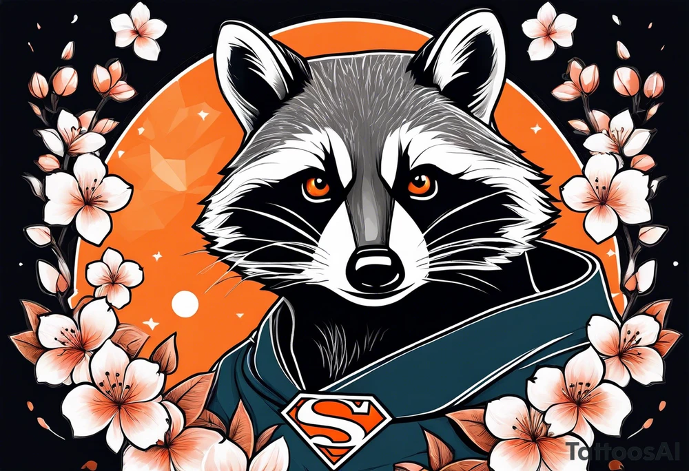 Raccoon wearing a white Superman logo on a black hoodie and orange Japanese cherry blossoms tattoo idea