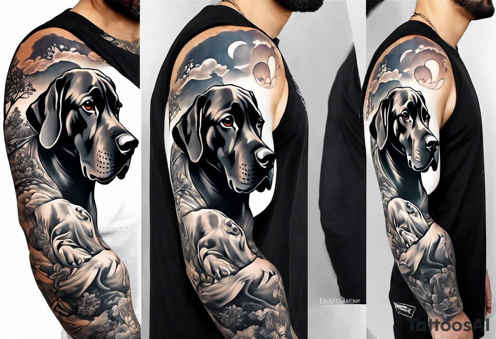 (full arm sleeve on guy) with (4) Four Great Dane floppy ear dogs with an outdoor vibe tattoo idea