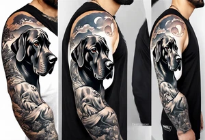 (full arm sleeve on guy) with (4) Four Great Dane floppy ear dogs with an outdoor vibe tattoo idea