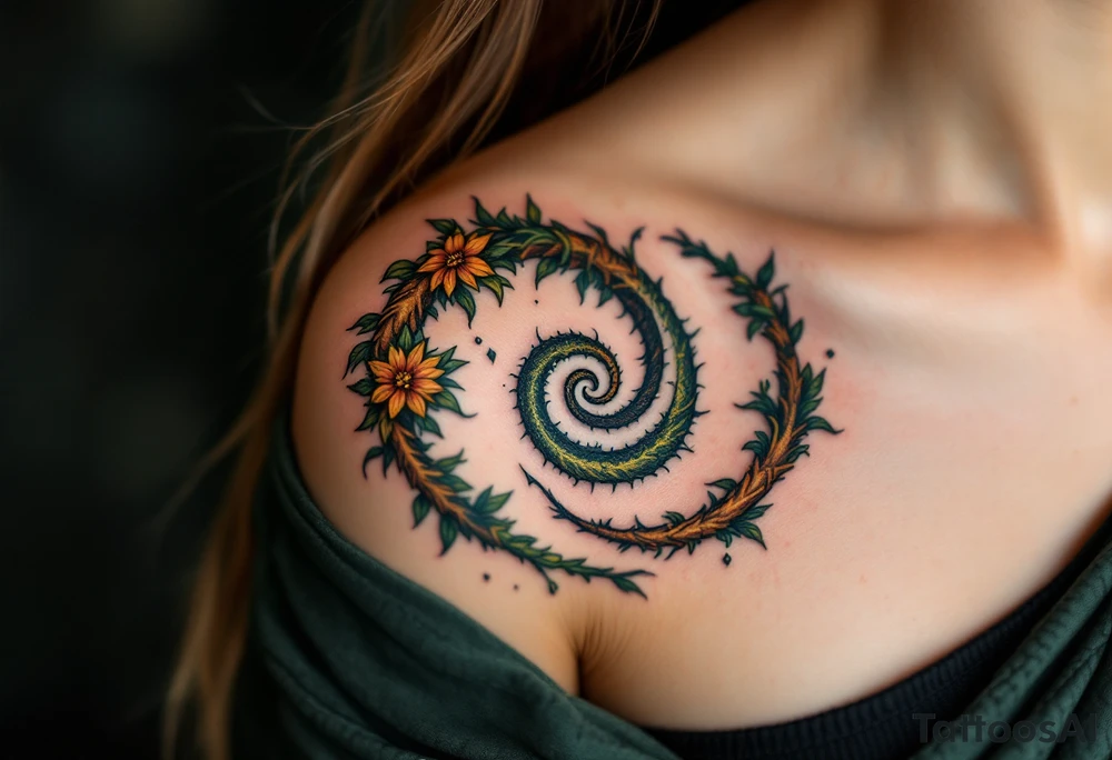 A triple spiral (triskele) in earthy browns and mossy greens, rooted in Celtic tradition. tattoo idea