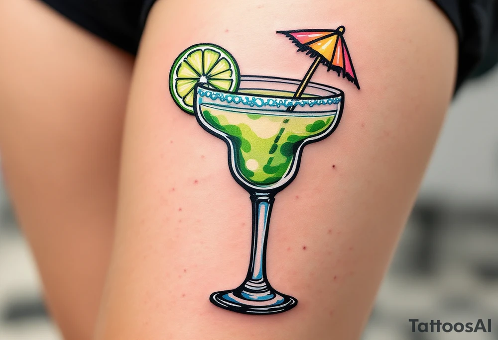 Margarita Vibes – A salted-rim margarita glass filled with lime green liquid, garnished with a lime wedge and mini umbrella, all in bold tropical colors. tattoo idea