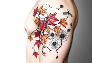 Create a vine with Maple leaves in red, orange and brown and gerbera daisies connected with thin swirly lines. Add in a dandelion wish and a dragonfly tattoo idea