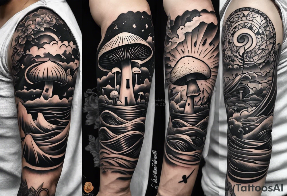 simple icons down the back of the arm featuring four icons:

1. a music note on a staff
2. a wave of water
3. a pocket
4. mushroom tattoo idea