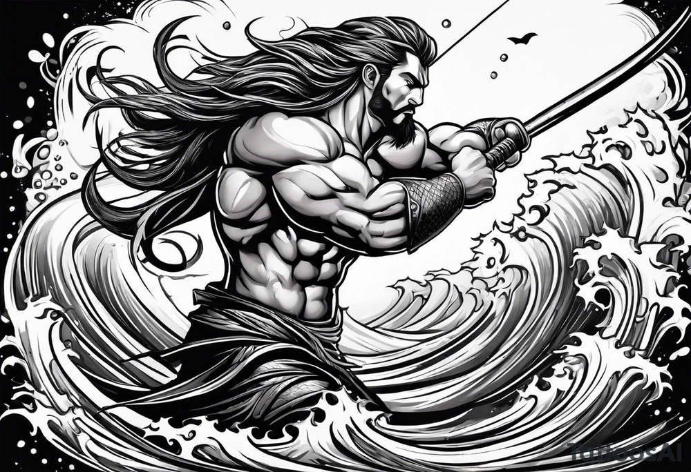 muscular
god 
posideon fighting a sport fish with a trident tattoo idea