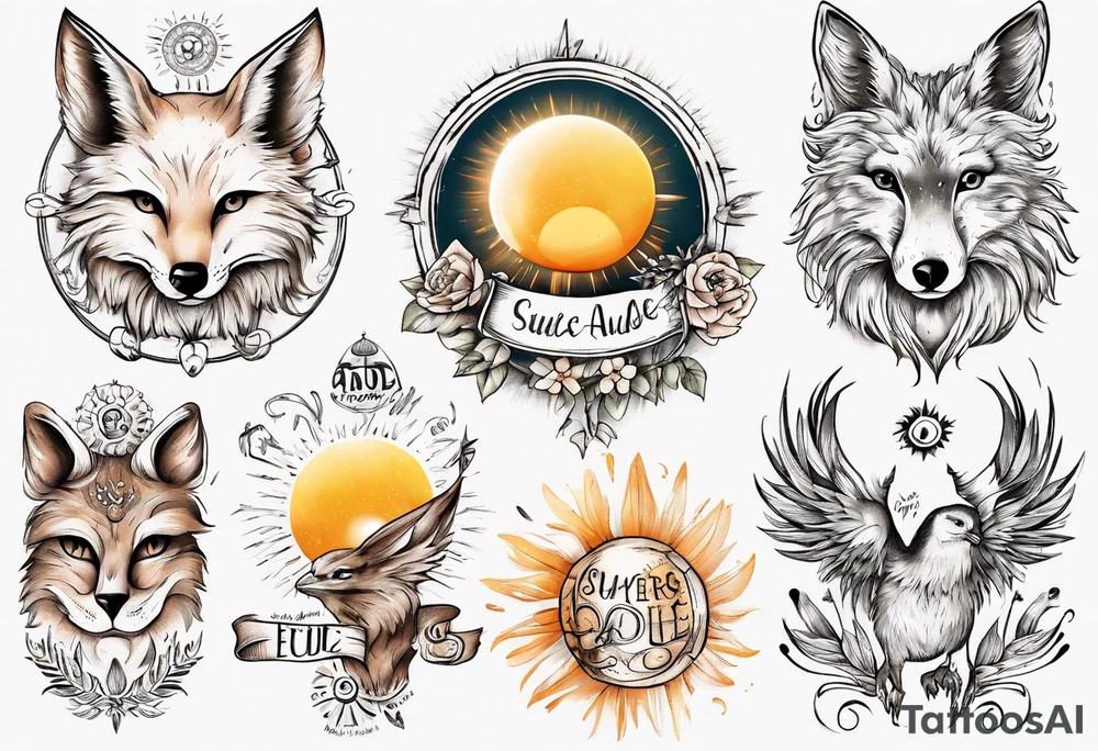 Fuchs und Eule unter der Sonne mit dem Schriftzug Sapere Aude tattoo idea