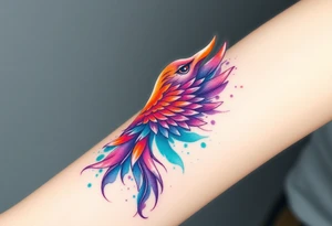 Phoenix in flames with purple, blue, orange, teal and green splashes, looking upwards with angry eye. No black outline. tattoo idea