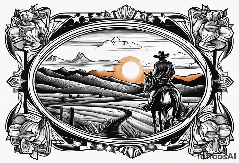 Country western cowboy saloon sunset shootout leg tattoo idea