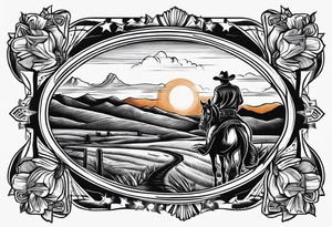 Country western cowboy saloon sunset shootout leg tattoo idea