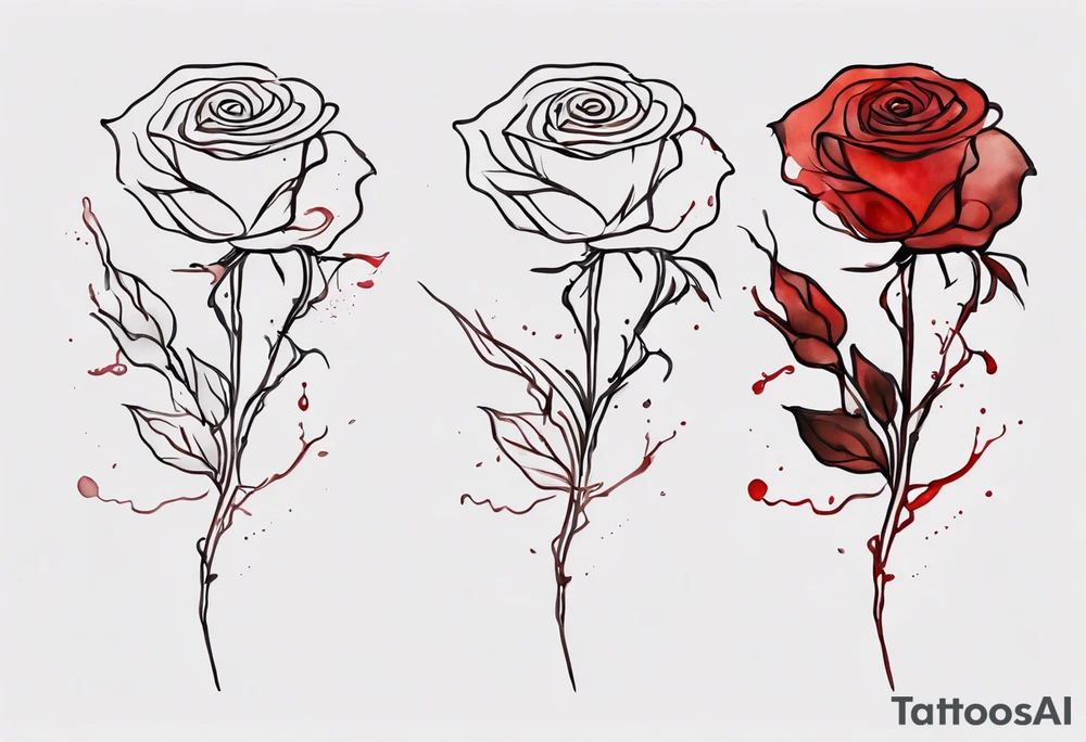 rose flower, one line, red blood dripping from the flower, tall, watercolor on brown skin tattoo idea