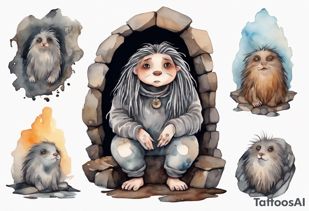 a solitary plump mole woman with large round eyes, covered in grey fur with messy brown dreadlocks sitting in stone throne in a cave tattoo idea