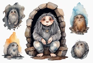 a solitary plump mole woman with large round eyes, covered in grey fur with messy brown dreadlocks sitting in stone throne in a cave tattoo idea