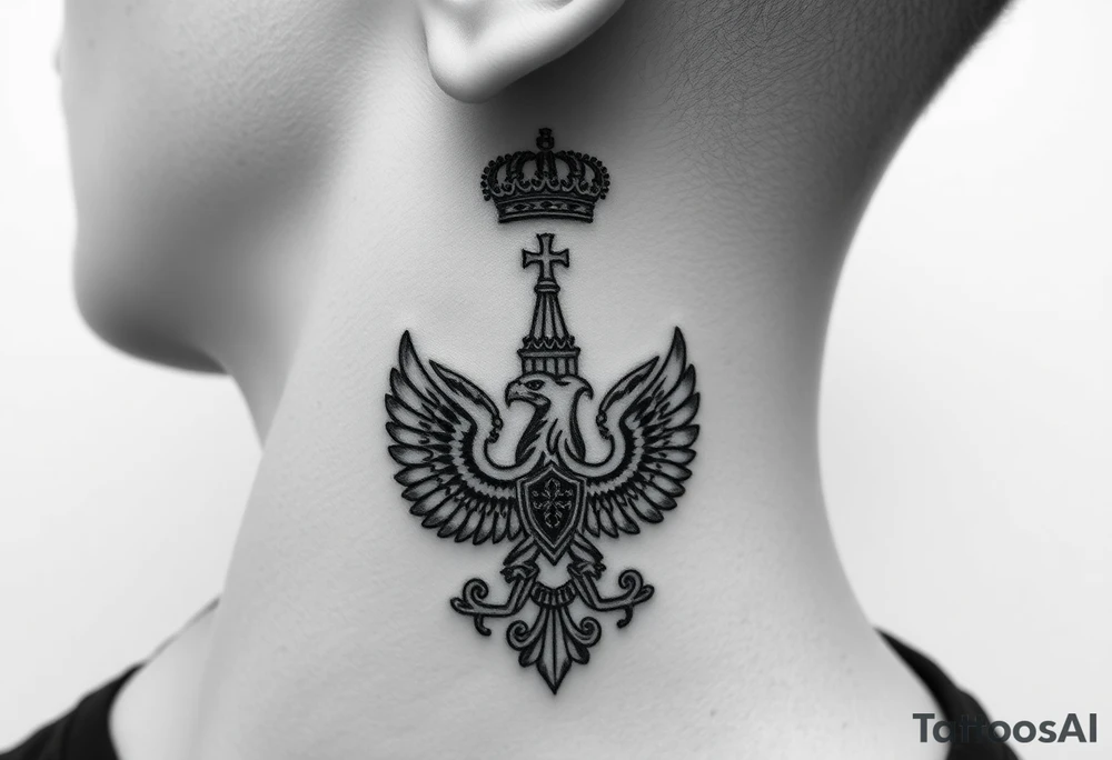 St. George, 3 russian imperial crowns above the Russian coat of arms double eagle and sitting above its wingspan sitting just above Kremlin or St. Basil's Cathedral scene  on the side of my neck tattoo idea