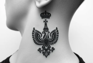St. George, 3 russian imperial crowns above the Russian coat of arms double eagle and sitting above its wingspan sitting just above Kremlin or St. Basil's Cathedral scene  on the side of my neck tattoo idea