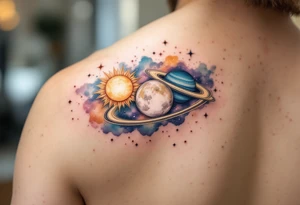 A soft watercolor galaxy with three celestial bodies (sun in gold, moon in silver, and a planet Saturn in deep blue) orbiting around each other. tattoo idea