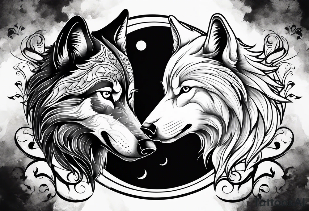 black wolf and white wolf in a ying yang style tattoo idea