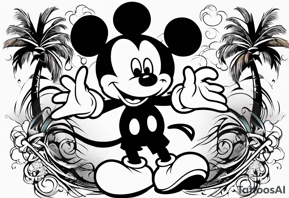 mickey mouse doing martial arts with palm trees, lightning storm and the celtic symbol for family tattoo idea