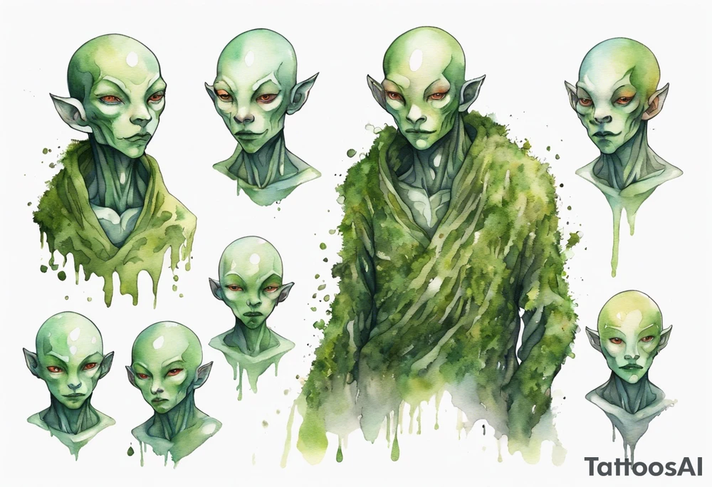a thin bald humanoid creature covered in moss with white eyes tattoo idea