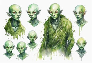 a thin bald humanoid creature covered in moss with white eyes tattoo idea