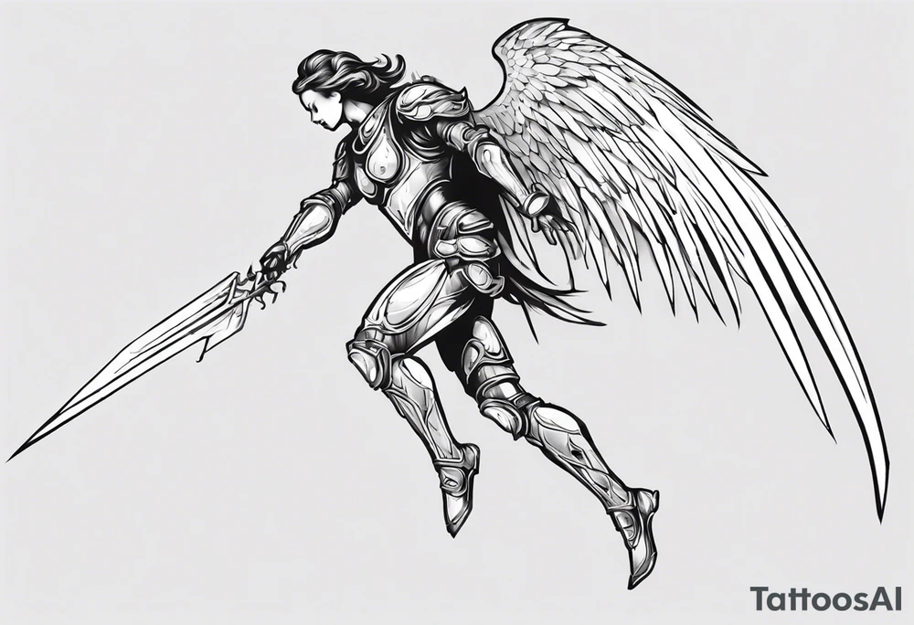 Side view of an angel wearing inorganic armor that is in mid-air in attack position. tattoo idea