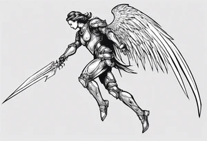 Side view of an angel wearing inorganic armor that is in mid-air in attack position. tattoo idea