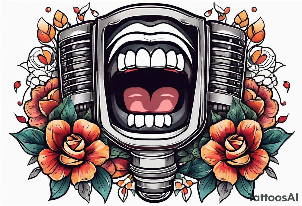 traditional vintage tattoo of mouth singing in microphone simple  flowers and banner
no face tattoo idea