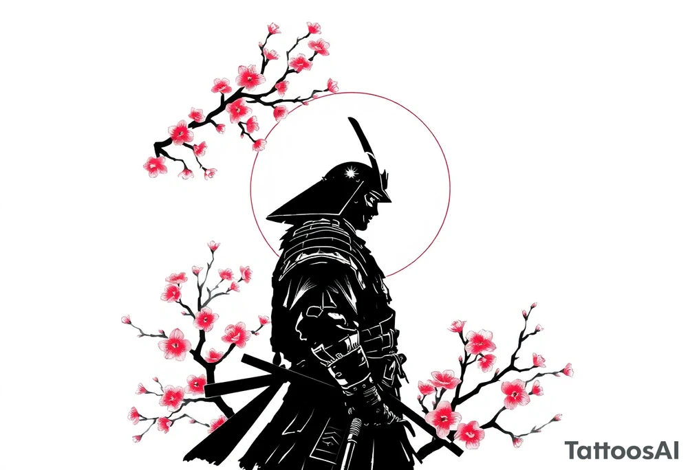 noble samurai warrior silhouette at sunset with cherry blossoms tattoo idea