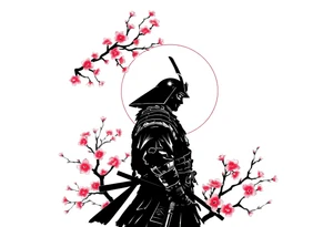 noble samurai warrior silhouette at sunset with cherry blossoms tattoo idea