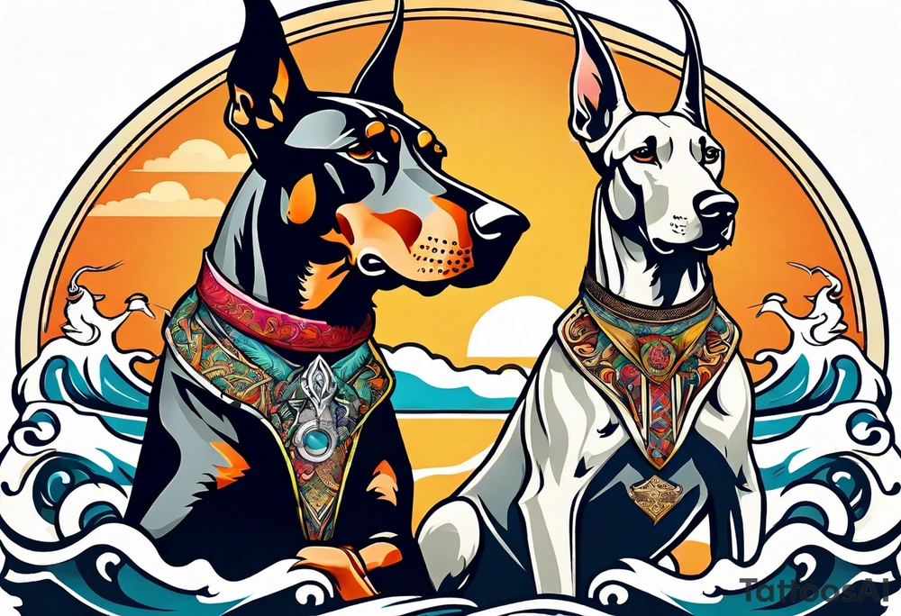 doberman smoking a cigar on a surfboard with a goat with larger horns tattoo idea