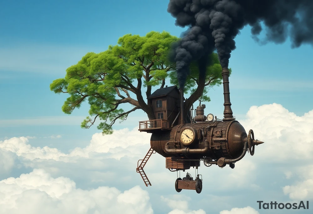 tree growing out of a v shaped engine with lots of pipes, guages and steam around the engine 
 with a smoke stack coming out of the top 
 billowing black smoke as if the tree and engine were a flying machine flying through the air 
 with an extreme steam punk vibe alot more steam punk 
it should look somewhat like a hot air baloon where the tree is the balloon and the machine is the basket but they are together as one unit, and the sky should have clouds in the back ground as if it were chugging along flying through the sky and needs to look extremely steam punk
the smoke stack should be coming out of the tree and the smoke should be trailing behind the machine 
the tree is the actual smoke stack for the machine 
the smoke stack should be a branch pointing up and out with smoke billowing out of it 
and the motor should be a motor that is kind of shaped like the letter V
and there should be a little tree house built in the tree with steam punk looking windows and some stairs down to a platform on the top of the engine 
the tree house shouold be built into the tree as if it were grown into the tree 
on the second picture will you incorporate the face of a clock on the round end of the machine tattoo idea
