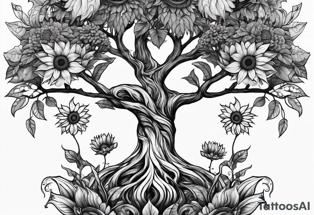 Feminine Yggdrasil tree with two sunflowers tattoo idea