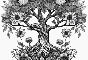 Feminine Yggdrasil tree with two sunflowers tattoo idea