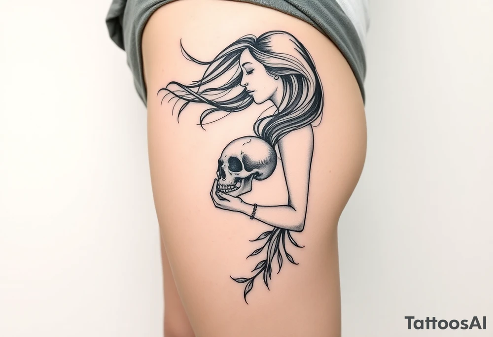 Woman in profile with hair blowing in a wind holding a skull.  Viking runes in the background tattoo idea