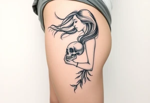 Woman in profile with hair blowing in a wind holding a skull.  Viking runes in the background tattoo idea