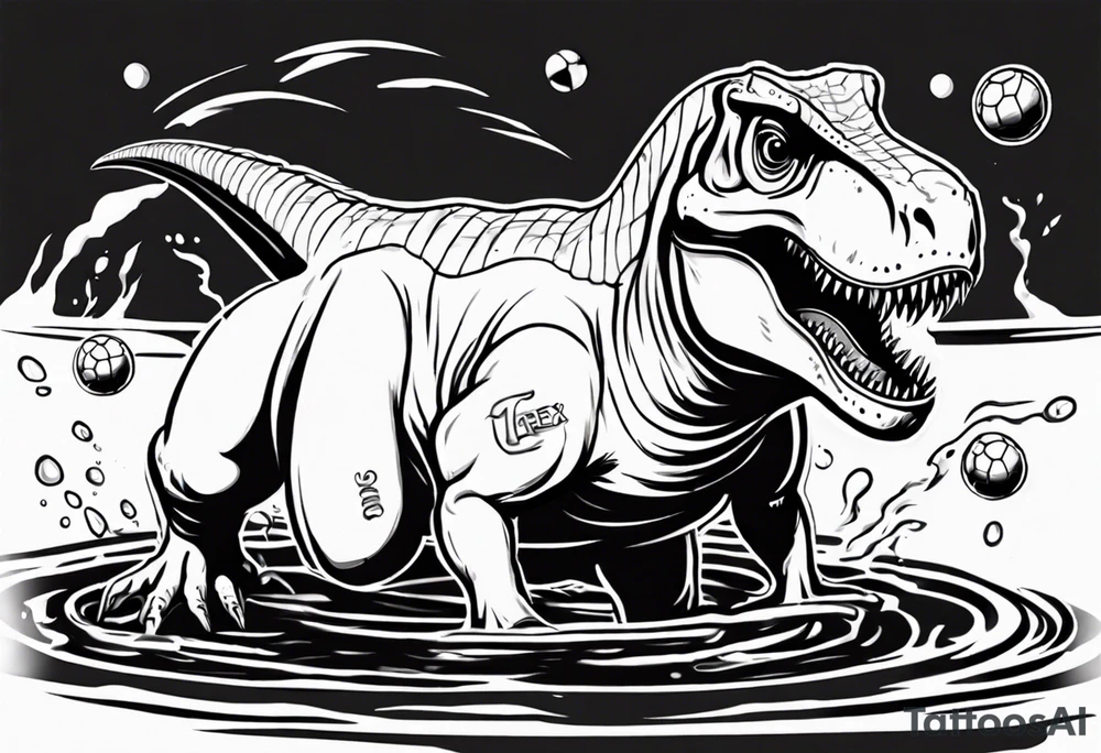 happy t rex in a pool wearing water polo cap with goal tattoo idea