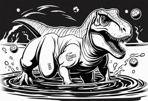 happy t rex in a pool wearing water polo cap with goal tattoo idea