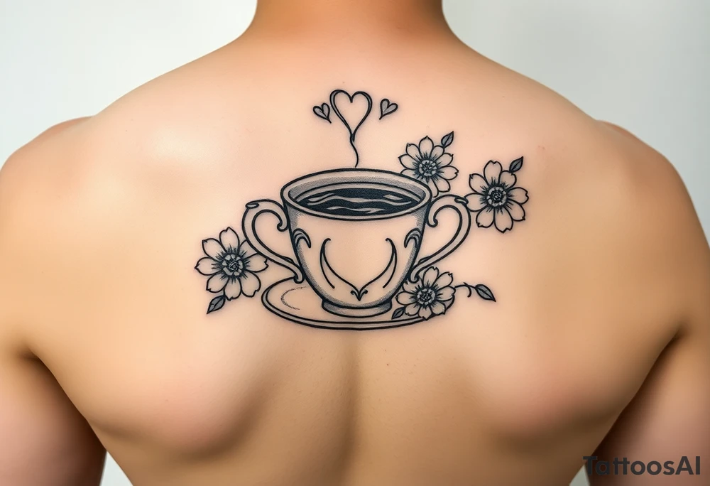 Cute vintage dainty cup of tea with a love heart and flowers tattoo idea