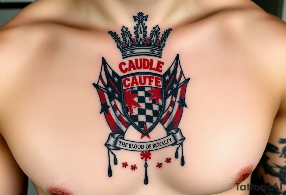 Men Doom Crest  with A Giant King Crown, CAUDLE written inside red, a chessboard, blood splatter on top of two red racing flags & OTF inside, The Words The Blood Of Royalty in red underneath the crest & 🌍 symbol in red outside of the crest, And raining blood drops, Jets/Airplanes/Helicopters/explosives tattoo idea