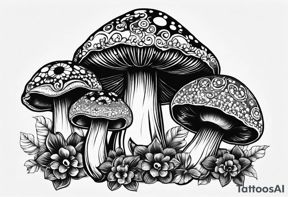 Large Shaggy cap mushroom dripping ink off cap with 4 smaller mushrooms around it mandala henna black tattoo design tattoo idea