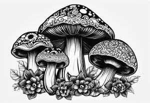 Large Shaggy cap mushroom dripping ink off cap with 4 smaller mushrooms around it mandala henna black tattoo design tattoo idea