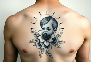 Baby boy flower ornemental with sunshine background chest tattoo idea